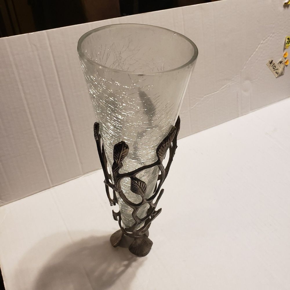 Vintage Crackle Glass Vase With Brass Stand 11" Tall